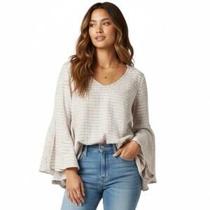 POL Striped Flare Sleeve Top Womens L Pink 100% Cotton Beachy Slouchy Boho